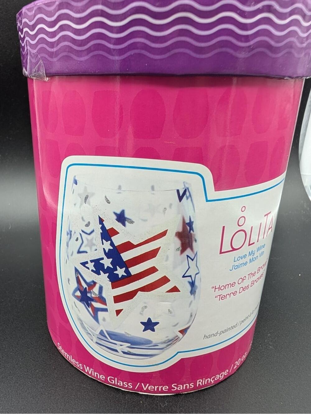 NIB Lolita "Home Of The Brave" Stemless Wine Glass 20 oz Hand Painted Colorful